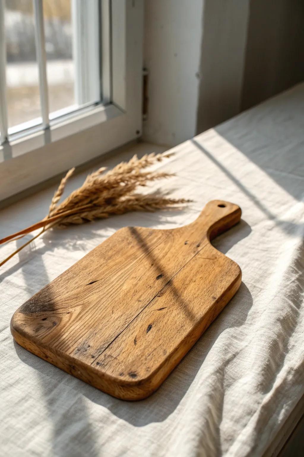 Reclaimed-wood mini paddle board—weathered grain and saw marks for rustic, simple charm.