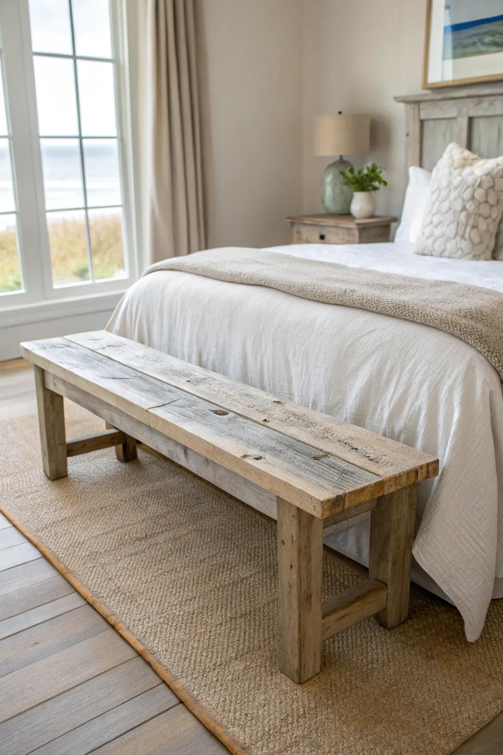 A weathered wood bench brings coastal charm—and a perfect spot for your throw blanket.