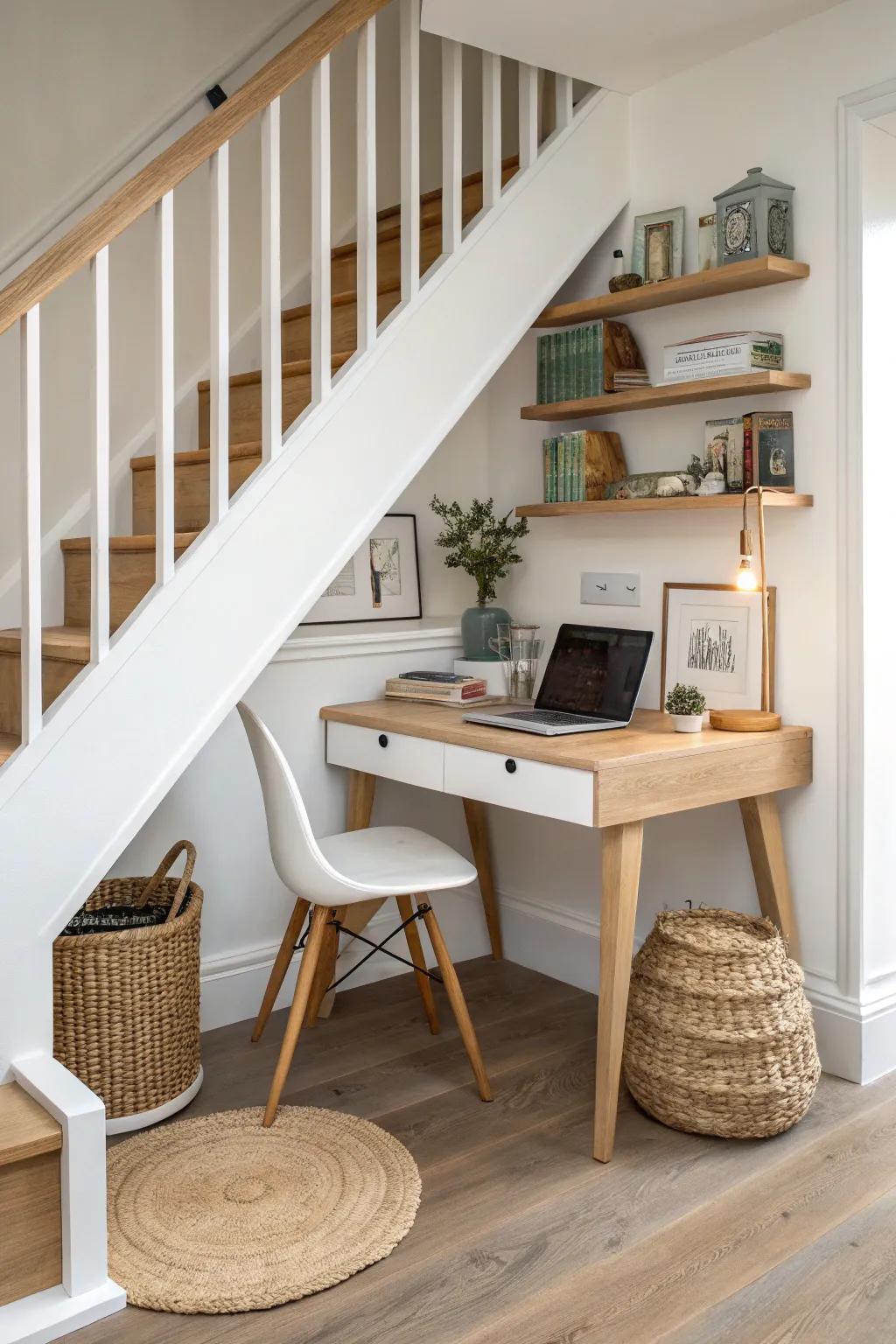 Turn the under-stairs nook into a cozy corner office with a crafted triangular wood desk.