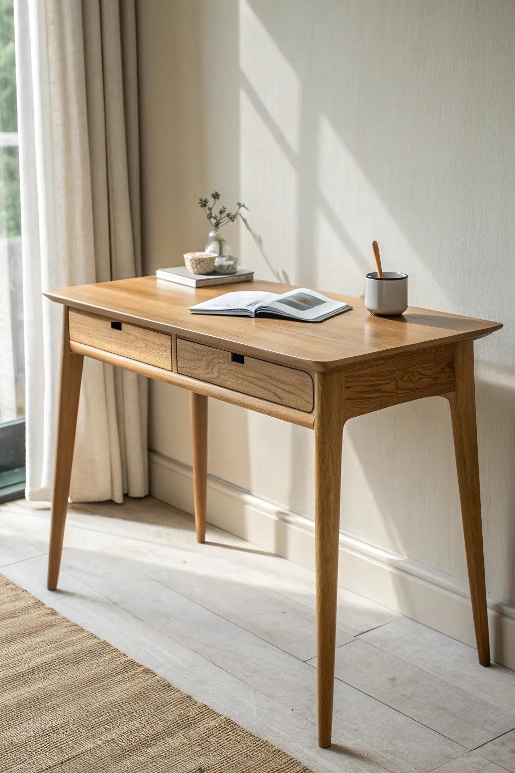 Petite oak writing desk with tapered legs—airy, warm, and perfect for small spaces.