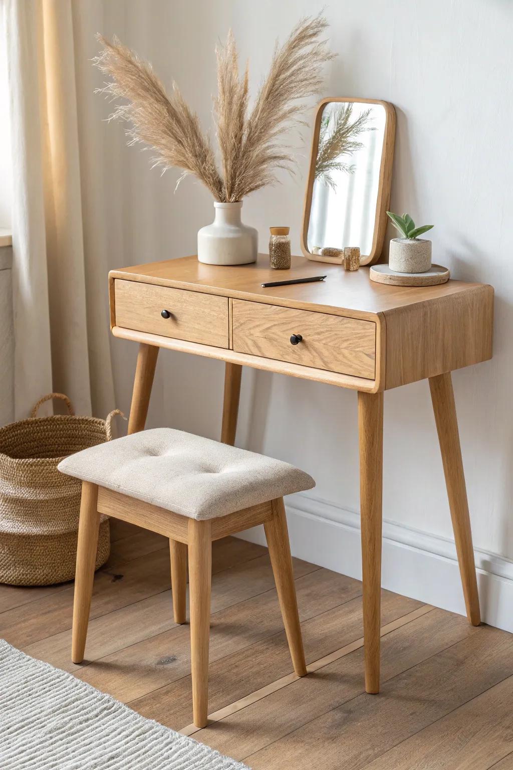 Tuck the stool fully under for a clean, cozy dressing spot that saves space and looks serene.