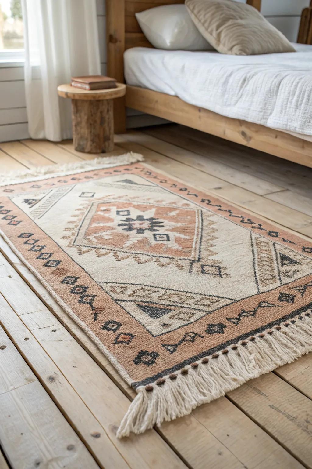 Layer a vintage rug over jute for instant farmhouse warmth in the smallest bedroom.