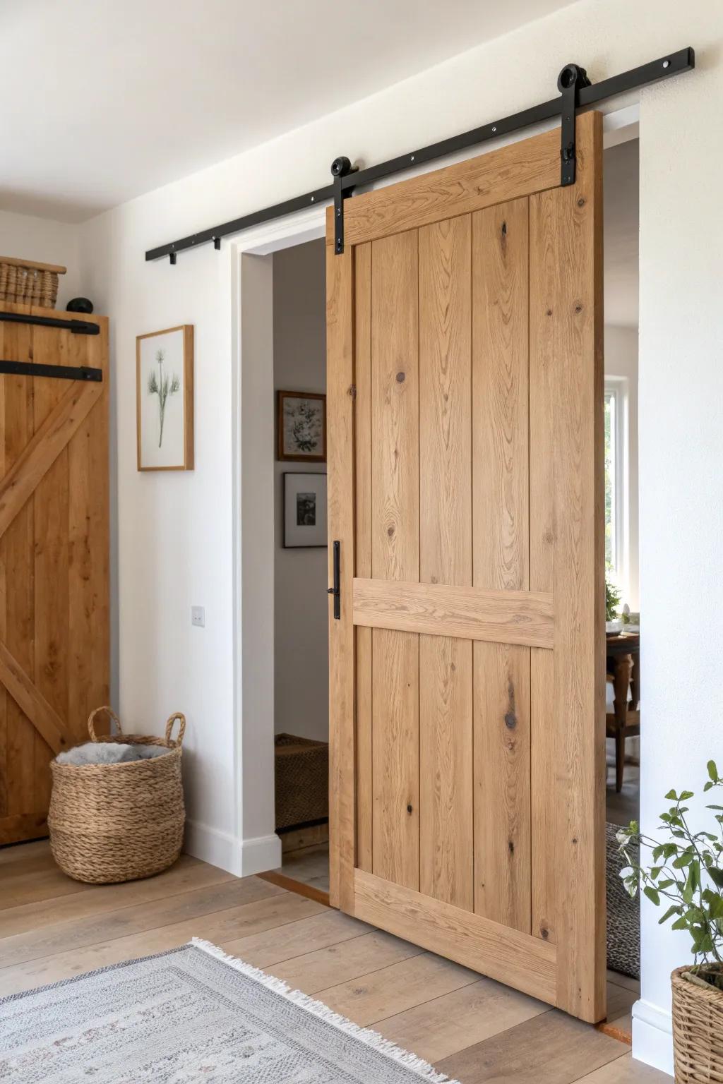Slim sliding barn door: rustic reclaimed wood charm that saves precious floor space.