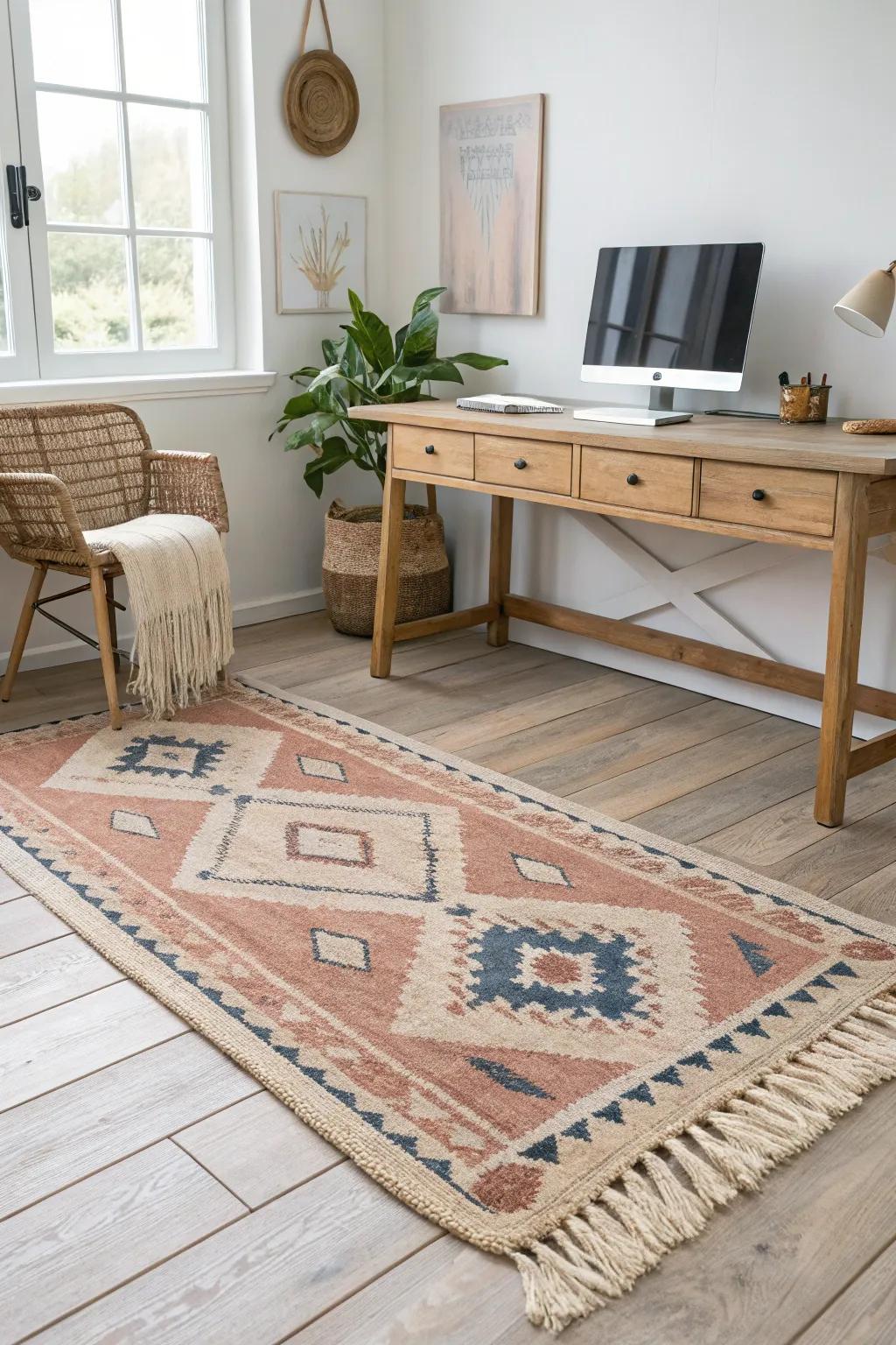 Layered jute + vintage kilim rug makes a tiny farmhouse desk nook feel intentional and cozy.