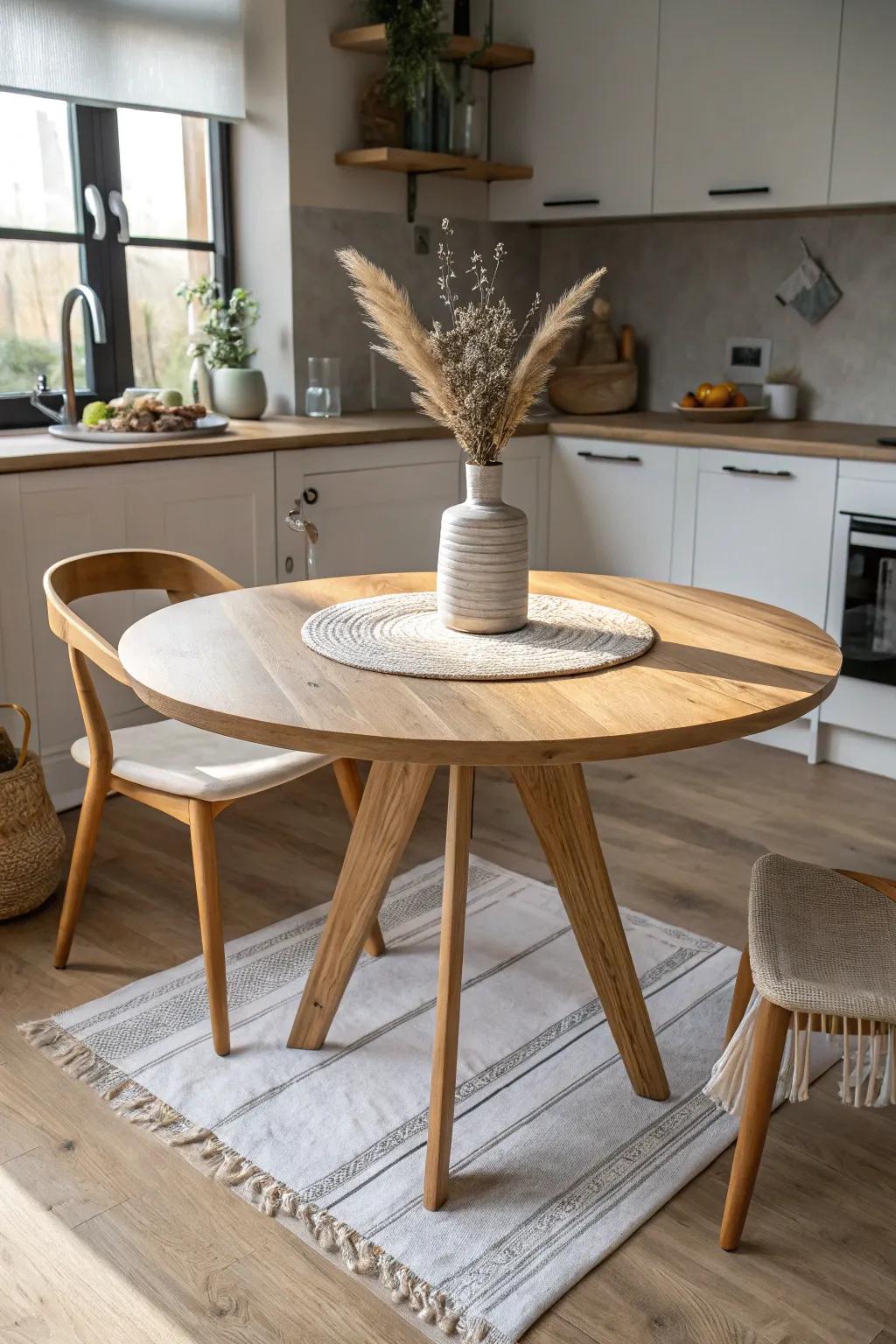 A small round oak table creates a gentle buffer between kitchen flow and living seating.