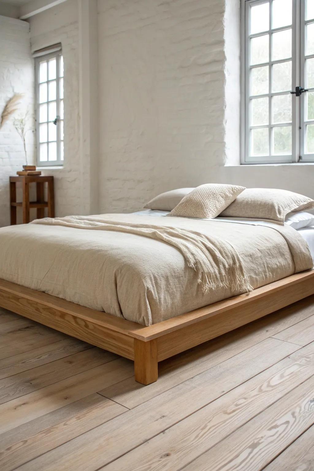 Quiet texture for tiny Japanese bedrooms: linen-look bedding on a low handcrafted wood bed.