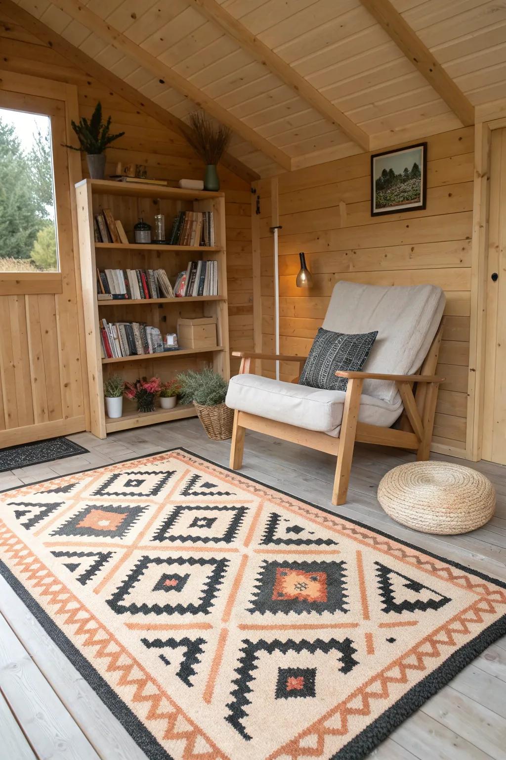 A bold rug zone instantly anchors the lounge—separating your shed’s cozy corner from work space.