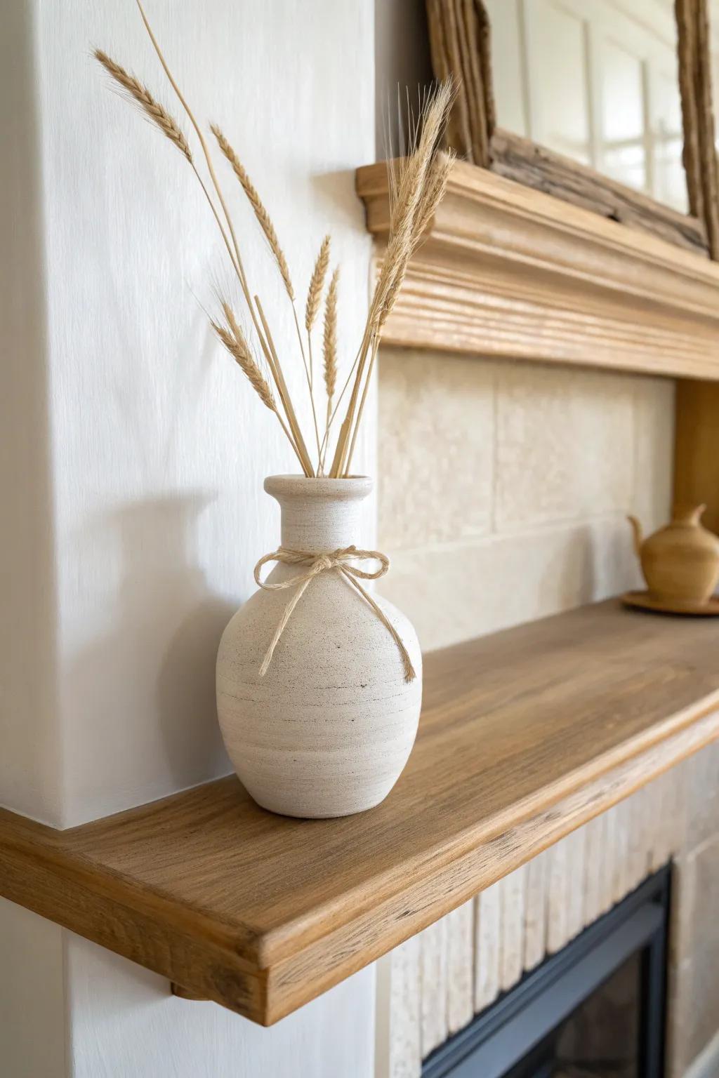 One color family—warm whites and natural oak—keeps a small mantel calm and cohesive.