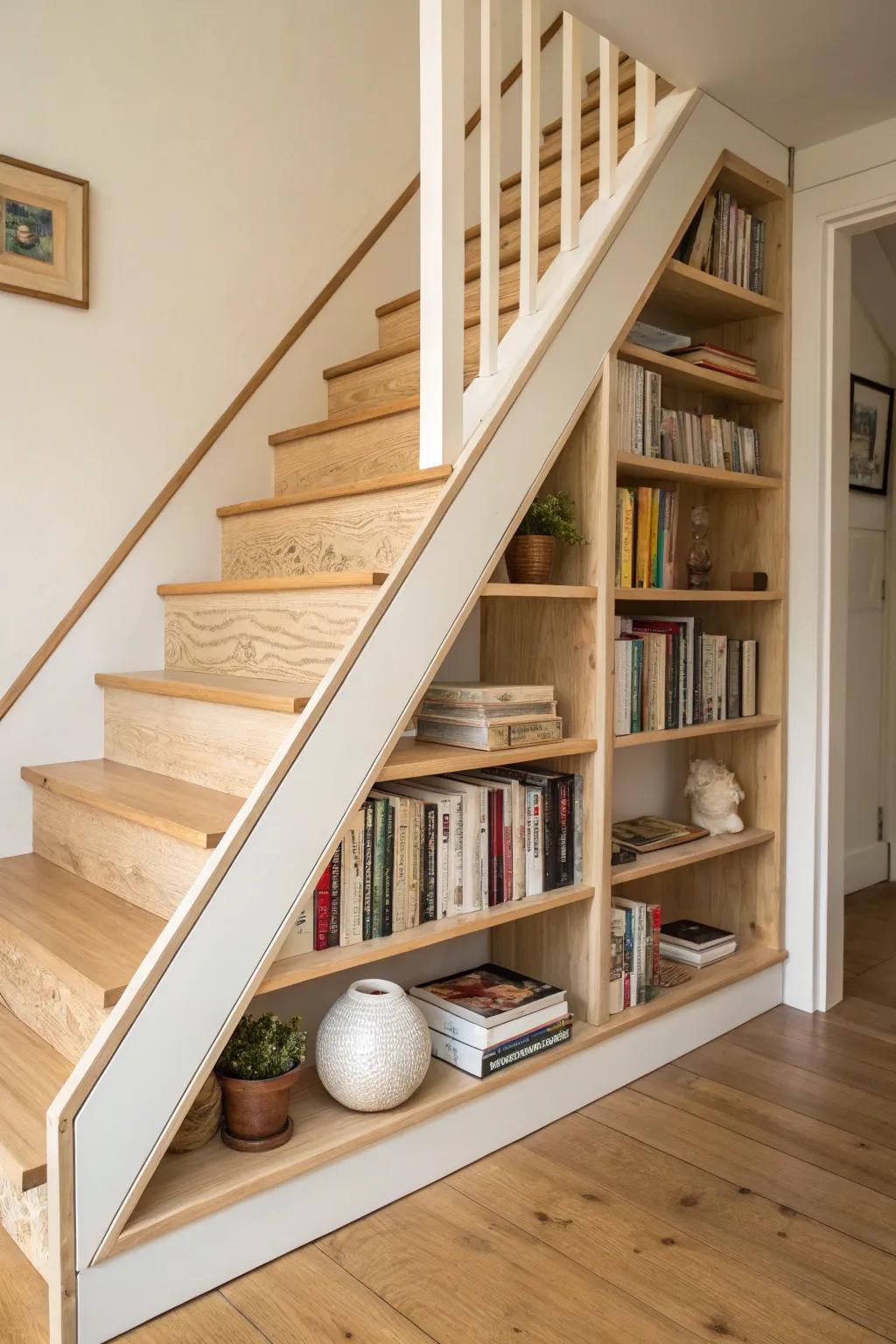 Turn the under-stairs wedge into a stepped plywood mini library with clean, cozy contrast.