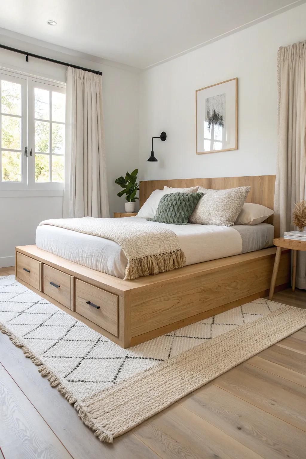 Raised platform bed with a cozy under-bed sofa nook—small room, big lounge vibes.