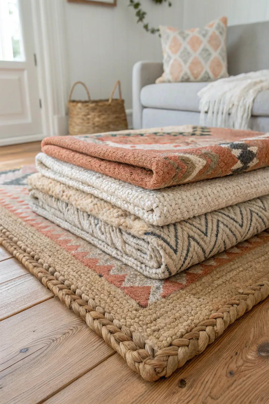 Layer a jute base with a patterned topper for instant warmth in a small rustic living room.