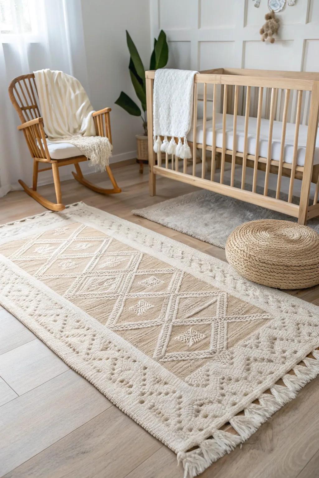 A large woven rug instantly turns a tiny nursery corner into one cozy, defined zone.