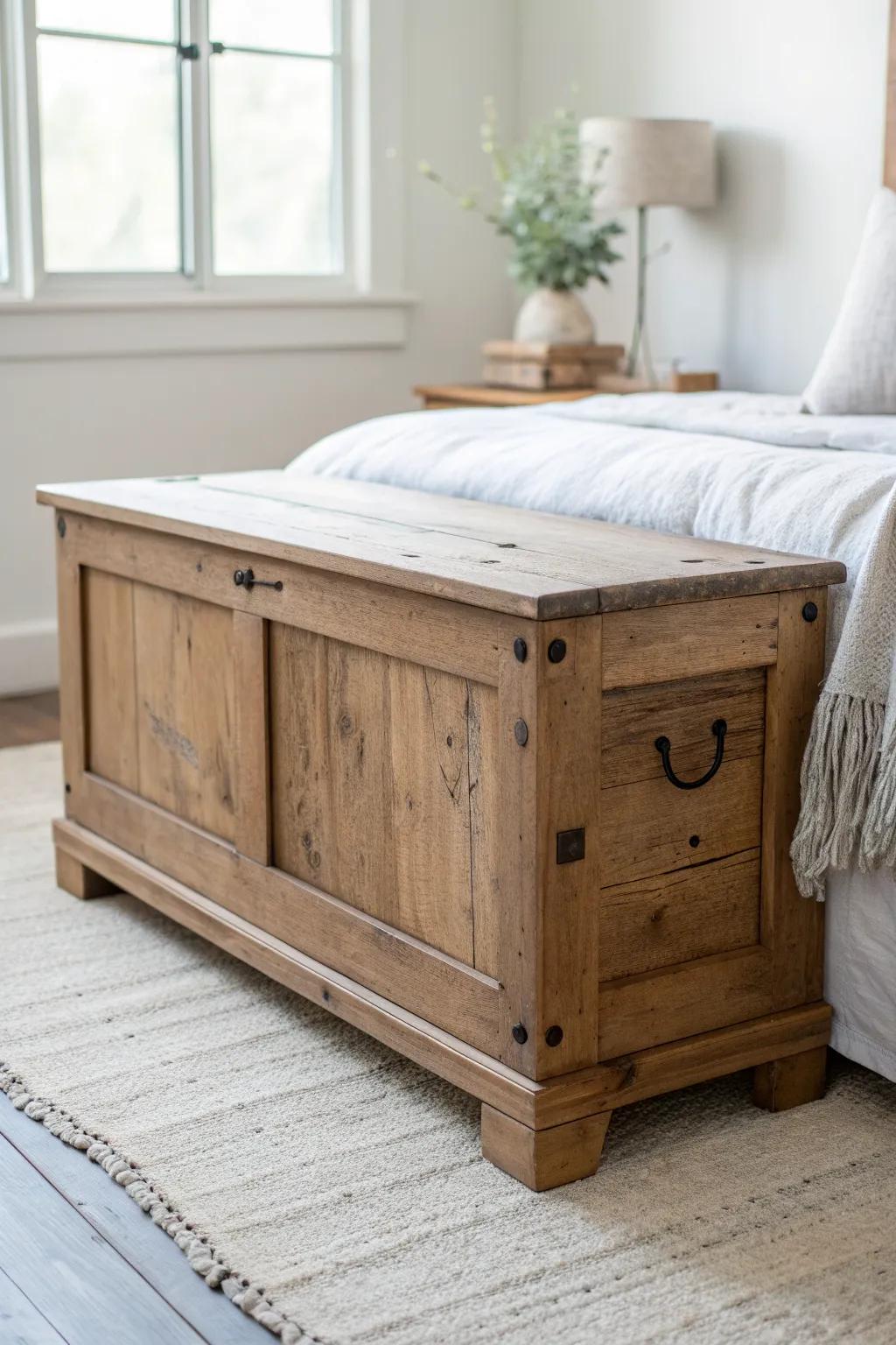 Reclaimed wood chest bench—small, practical bedroom storage with beautiful lived-in grain.