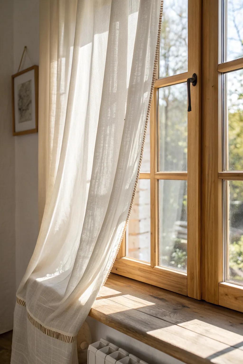 Sheer linen curtains soften sunroom glare while keeping the light airy and calm.