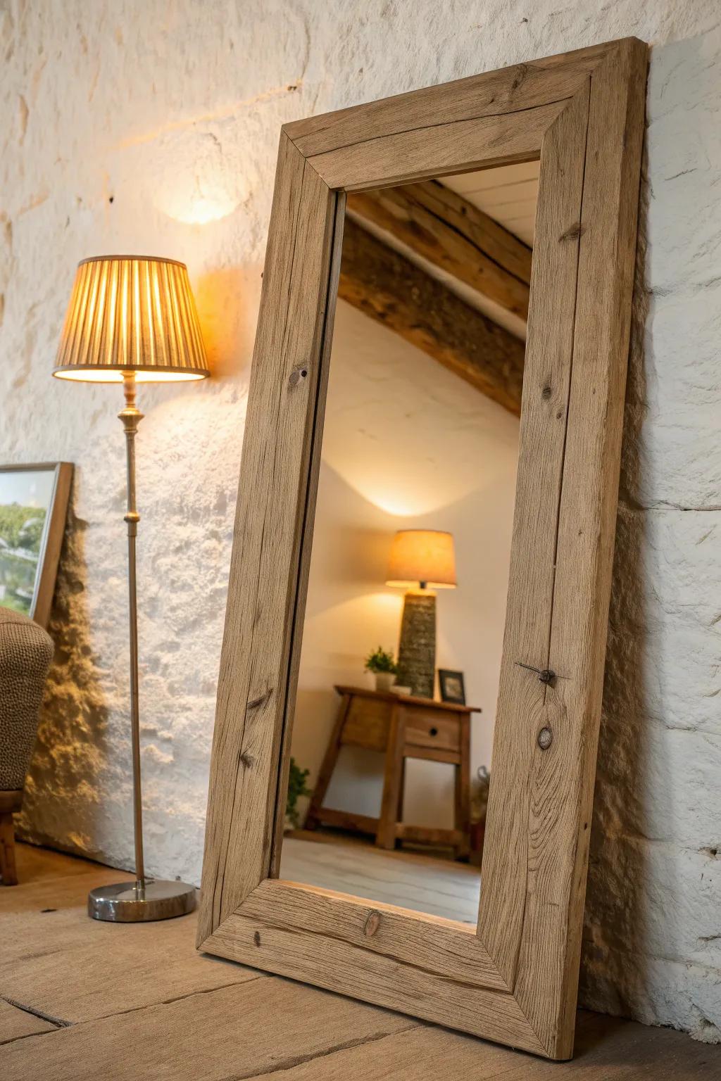 A reclaimed-wood framed mirror that doubles lamp glow for a small living room’s cozy warmth.