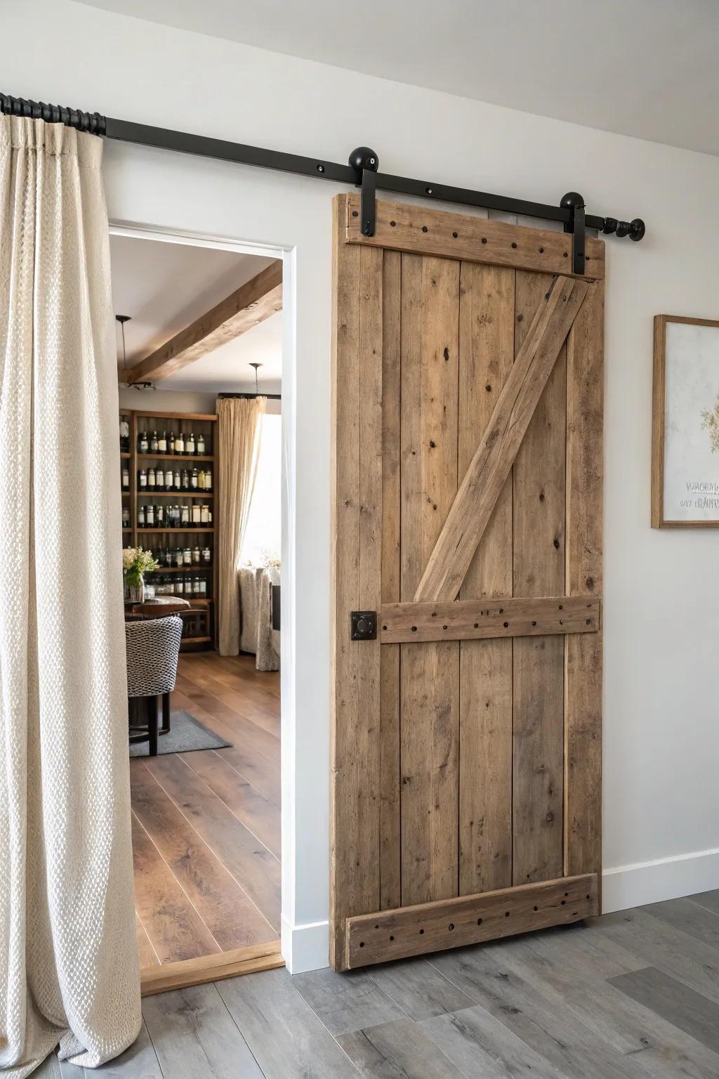 Reclaimed-wood sliding door saves space and adds cellar charm to a tiny tasting room.