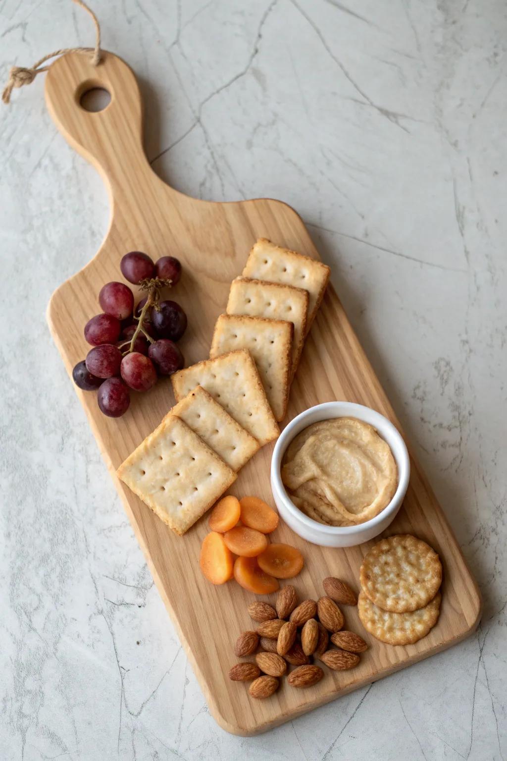 Mini paddle snack board with its own dip cup—simple, handmade, and perfectly portioned.
