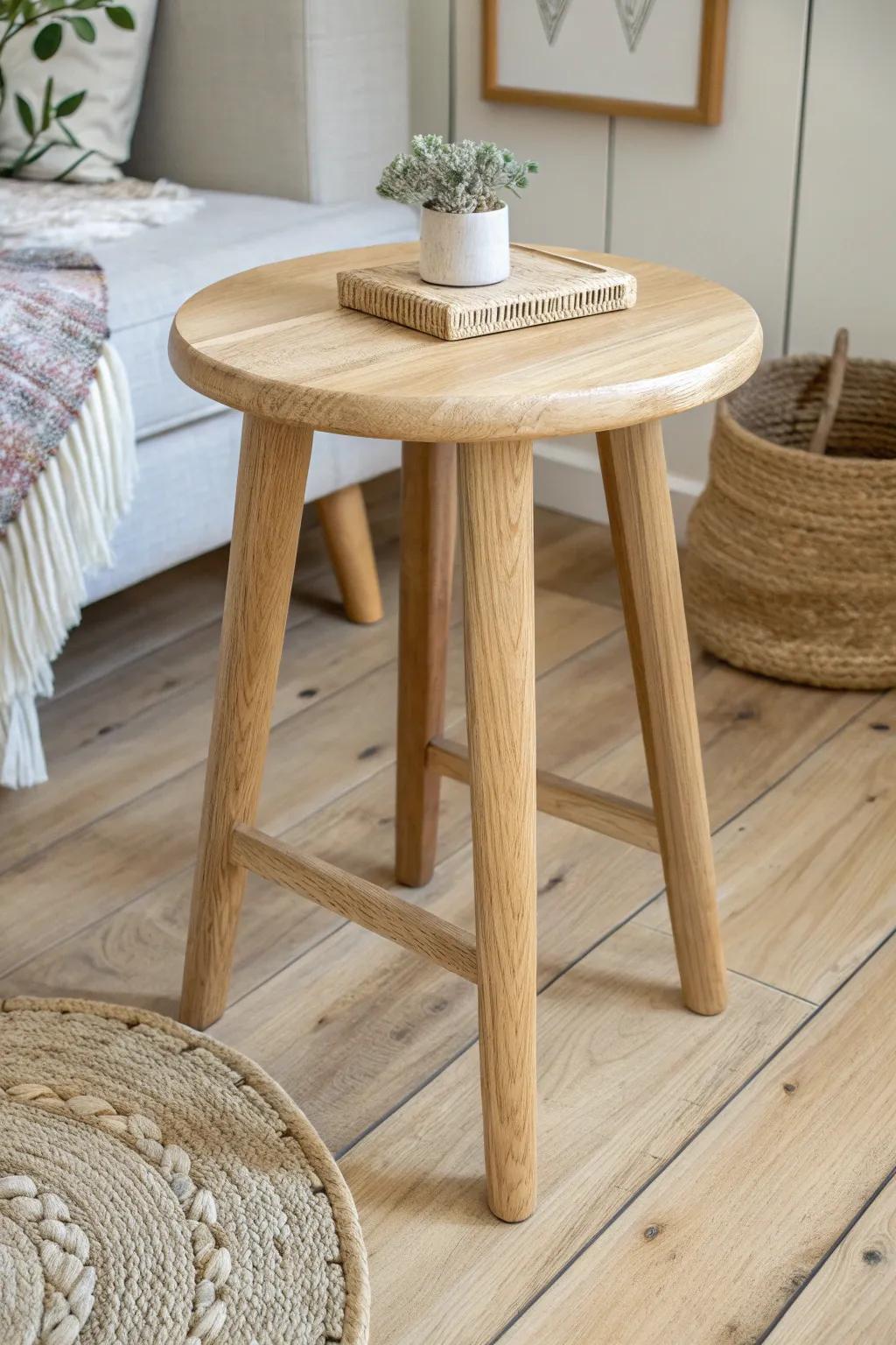 A humble stool becomes a chic sofa side table—quick, sturdy, and beautifully imperfect.