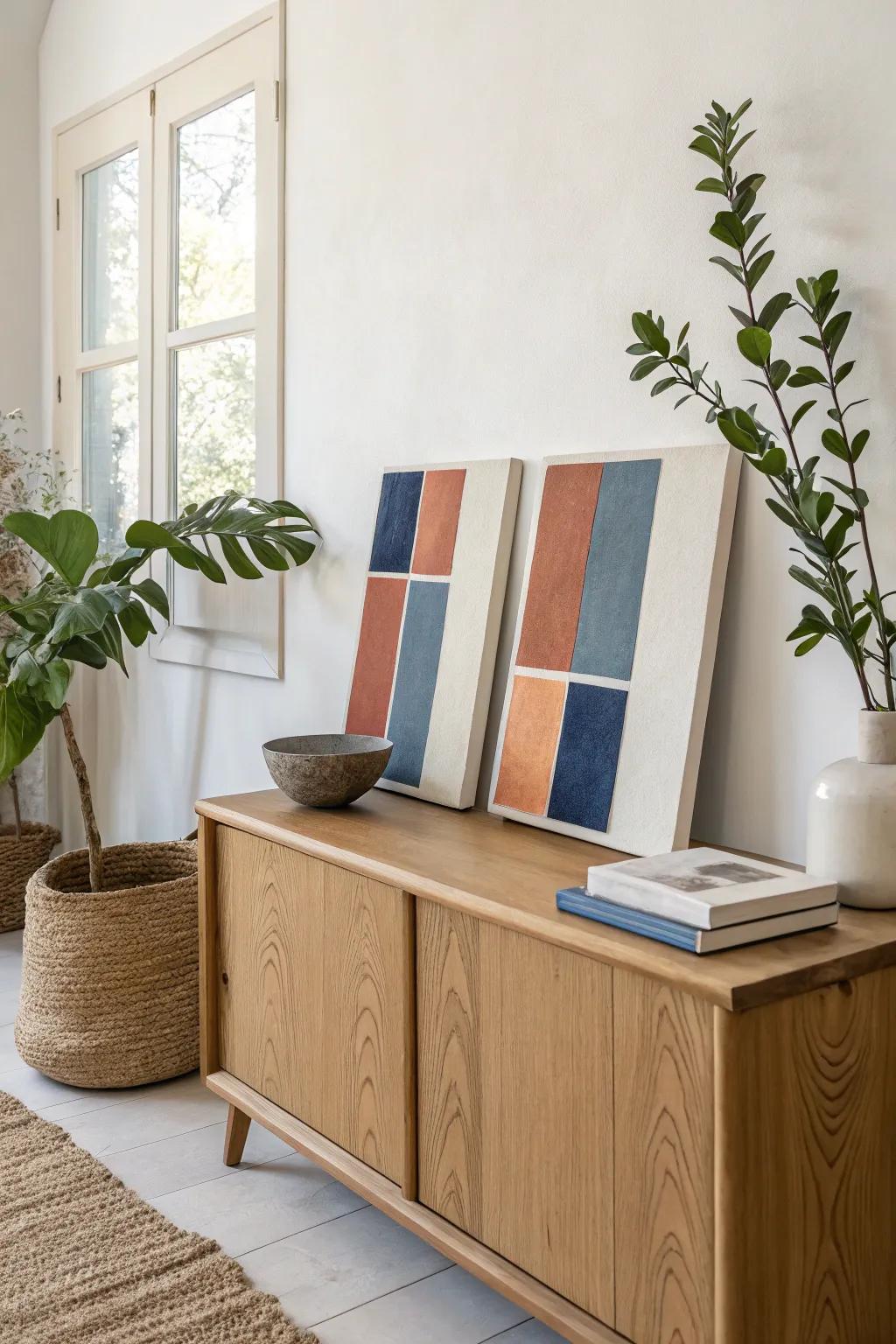 Three color-block canvases in clay, sand, and deep blue—desert calm with a sky-blue pop.