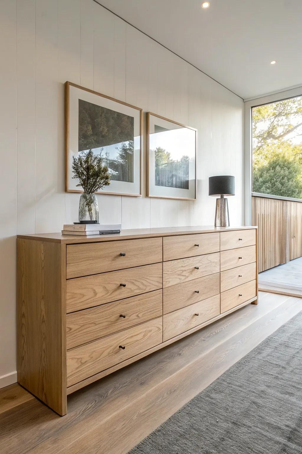 Wall-to-wall dresser run: built-in look, budget-friendly storage, and space for art above.