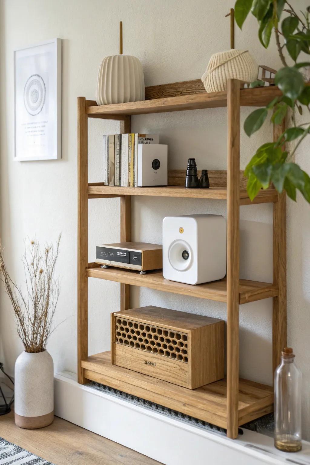 Double-decker oak speaker shelf: airy spacing, clean lines, and a calm Scandinavian vibe.