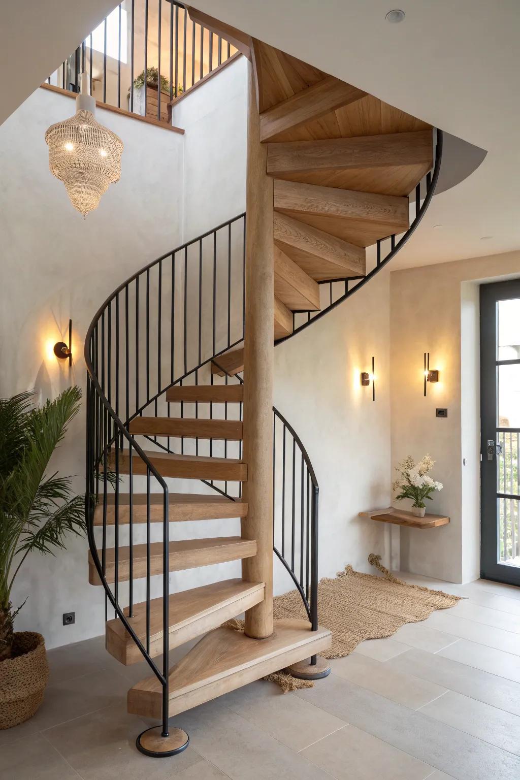 Warm wall lights that rise with the spiral—soft, rhythmic glow that feels safe and curated.