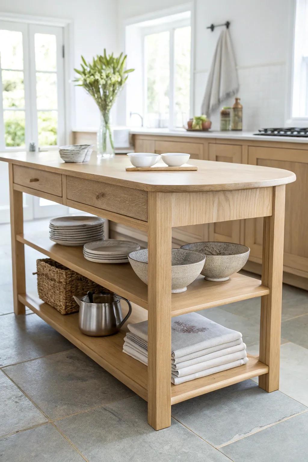 Guest-side open shelving on a split-level island keeps napkins and dishes within easy reach.