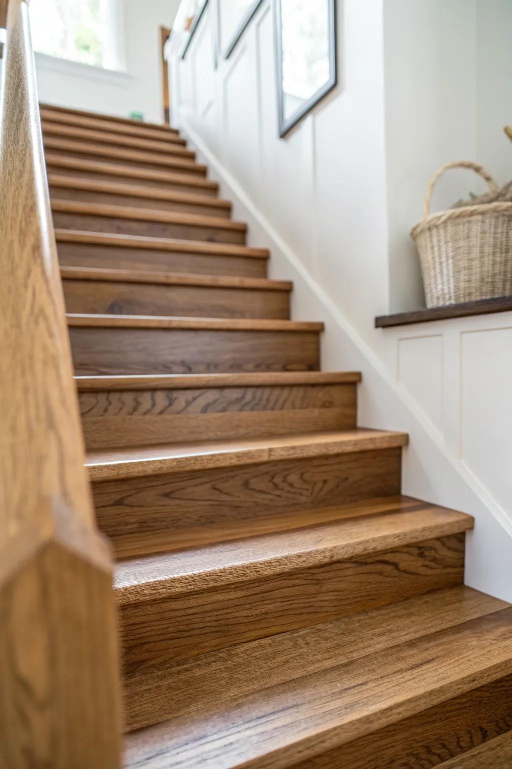Alternating light and dark stain on stair treads adds instant contrast and cozy lake-house charm.