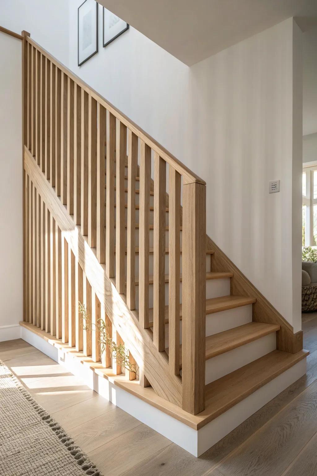 Vertical oak slat railing that reads like a modern feature wall—airy, warm, and custom.