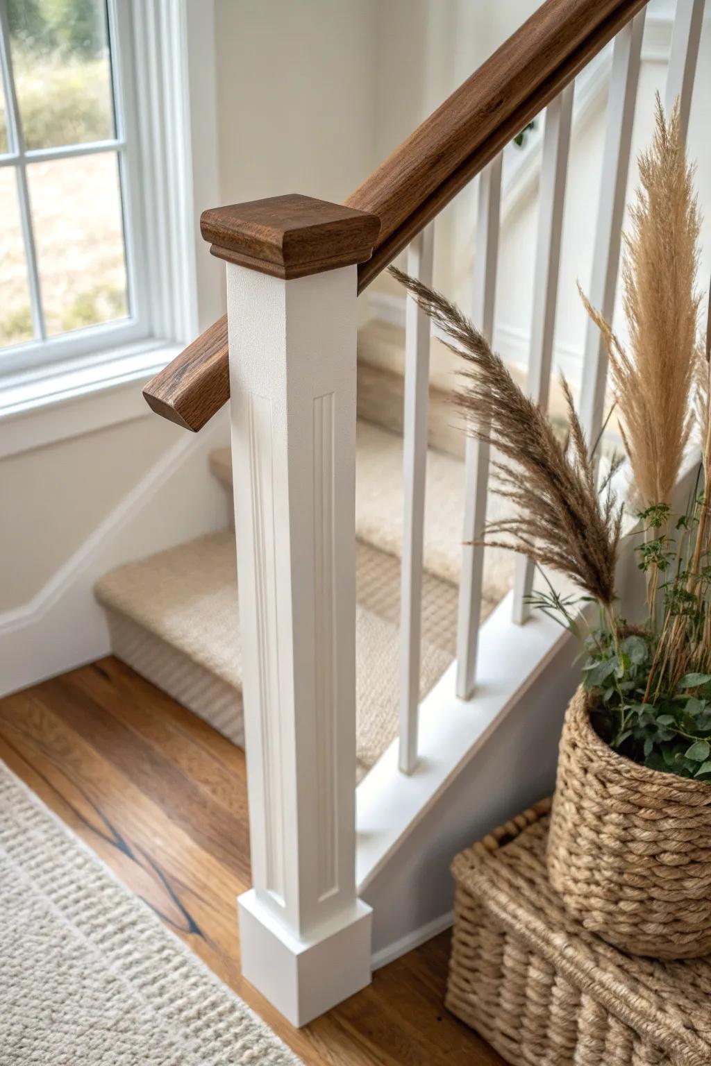 Easy two-tone stair railing: dark handrail + light semi-gloss posts for clean contrast.