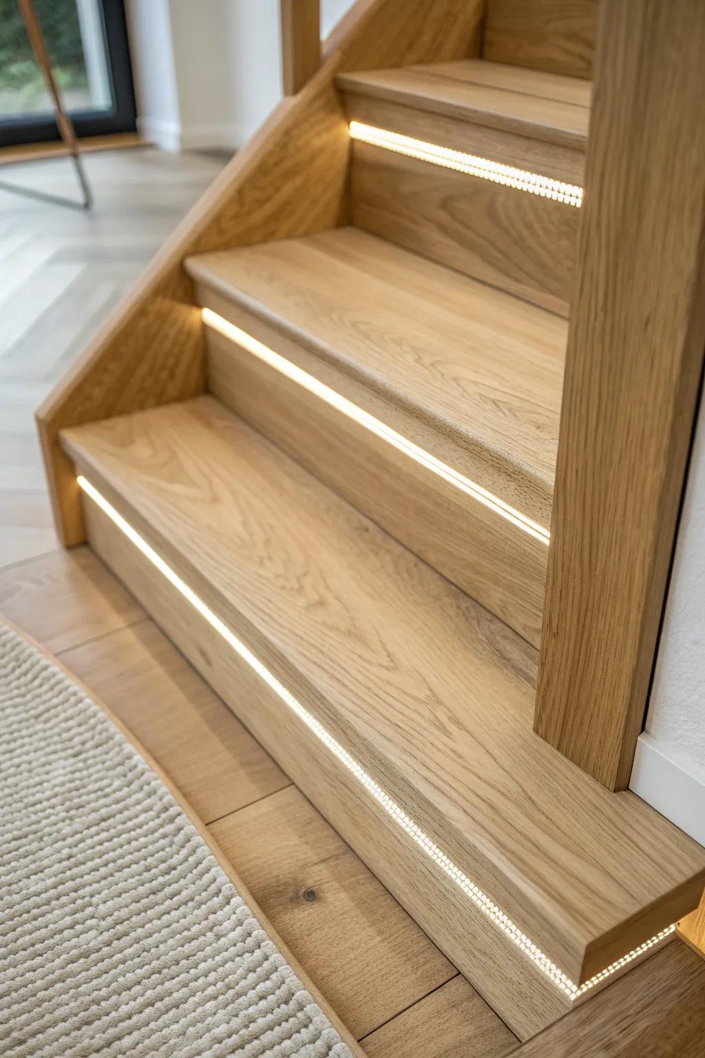 Warm LED under the landing nosing: a built‑in glow that defines the step with craft-forward style.