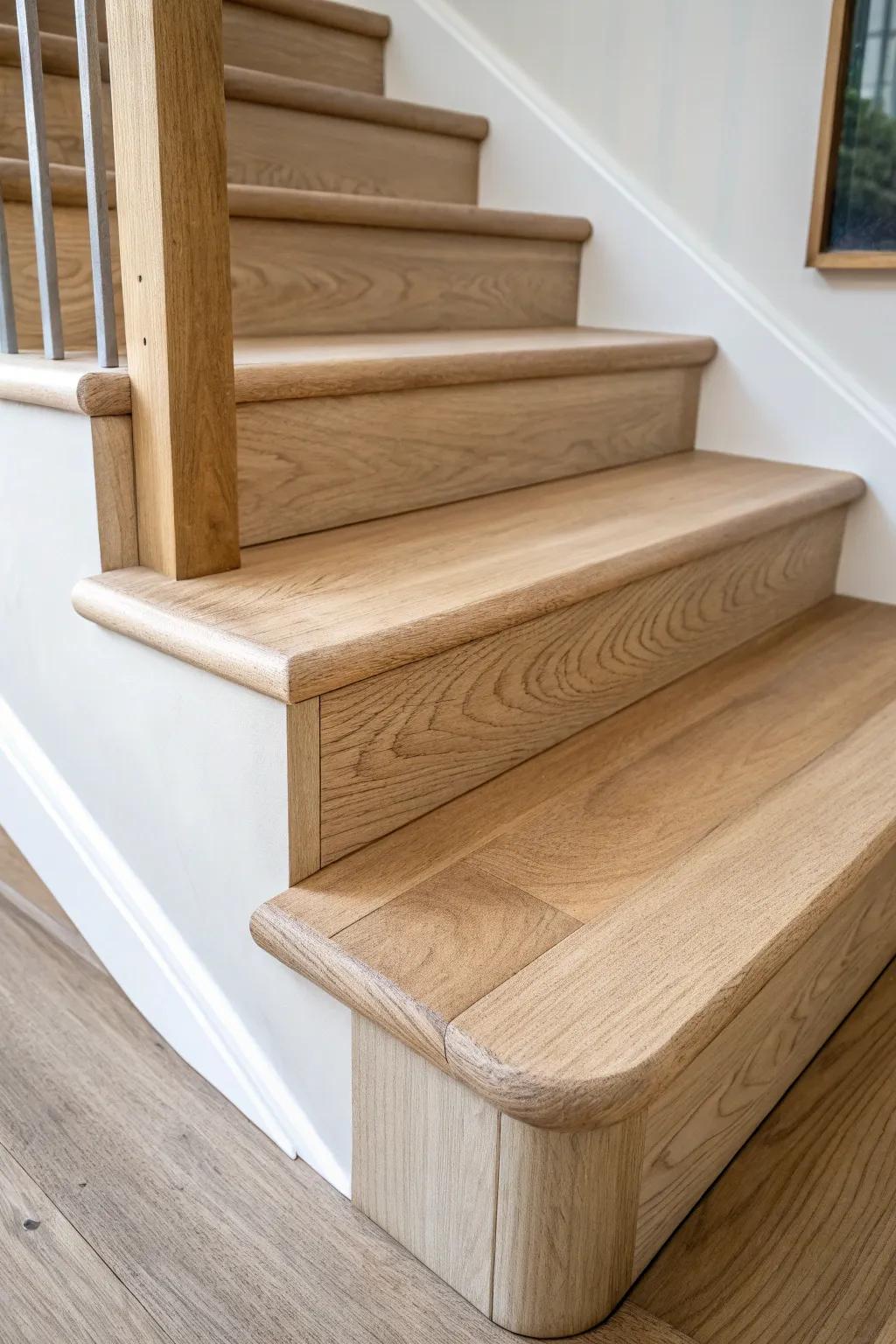 A tread cap with integrated nosing instantly hides worn edges for a clean, seamless stair look.