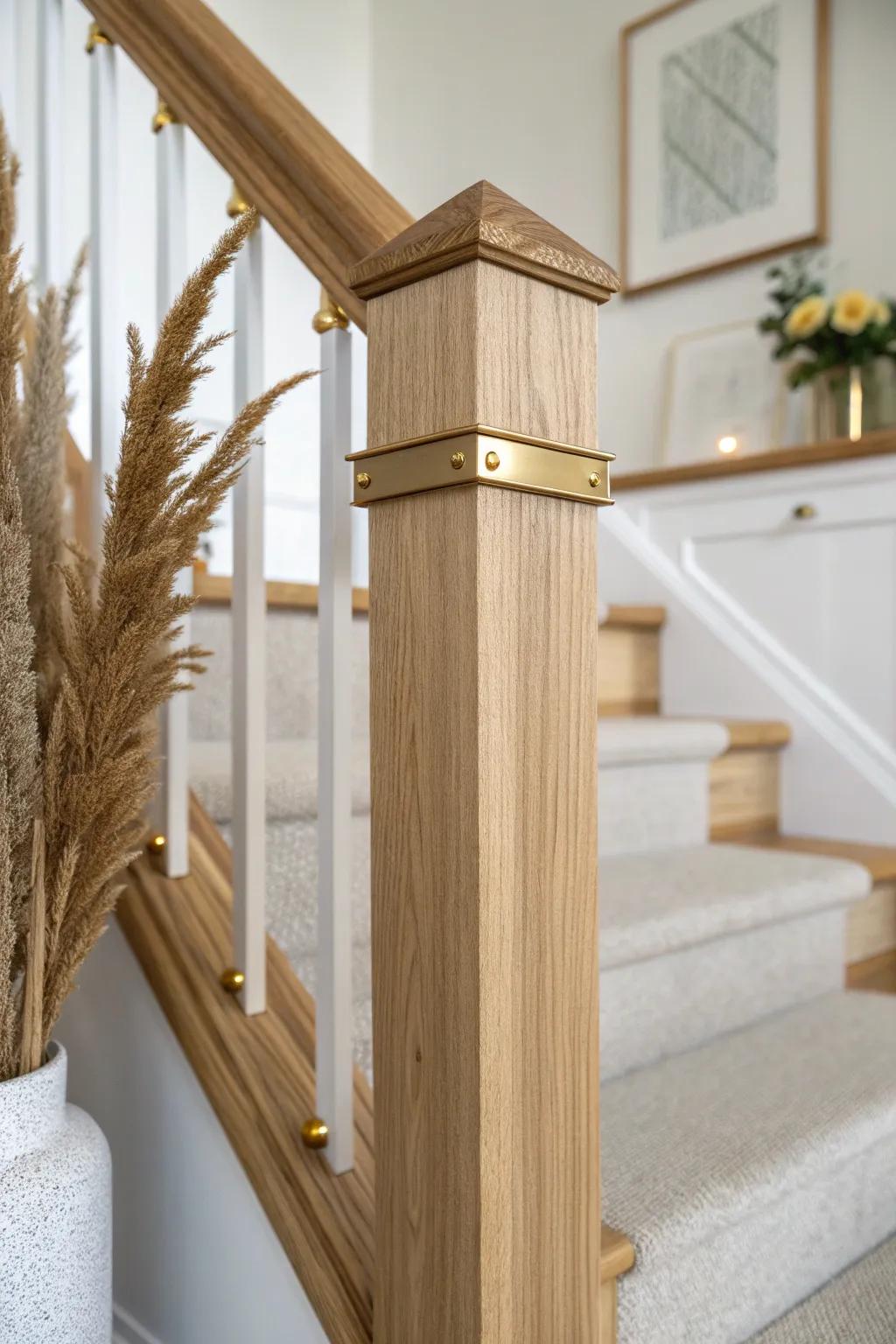 Elevate a plain newel post with slim metal trim—instant crafted contrast for your stair rail.