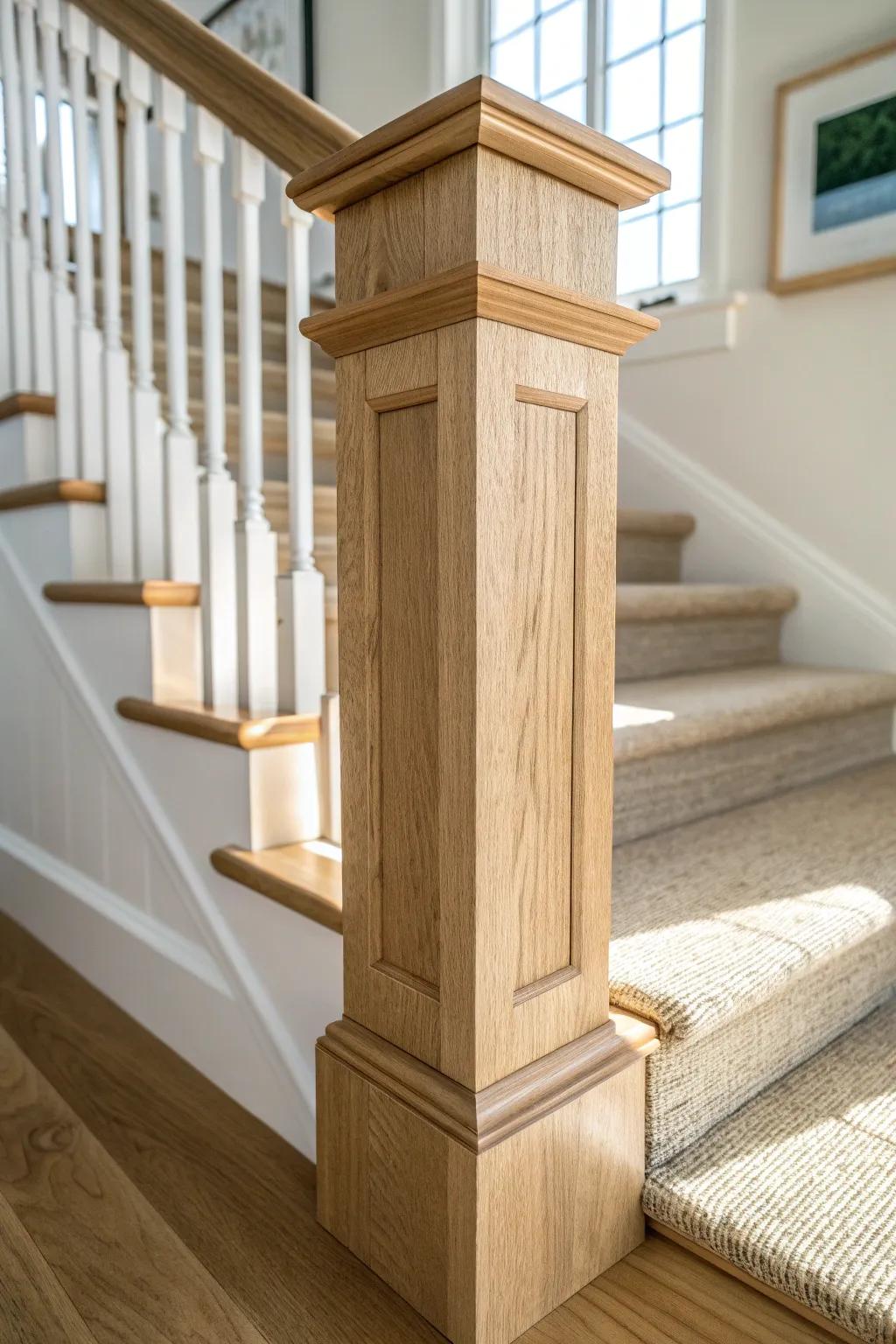 Chunky boxed newel trim in light oak—clean lines, crafted corners, and cozy contrast.