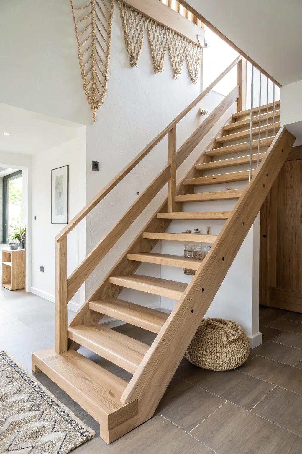 Airy open-riser loft stairs in light oak—minimal, bright, and crafted to show every grain.