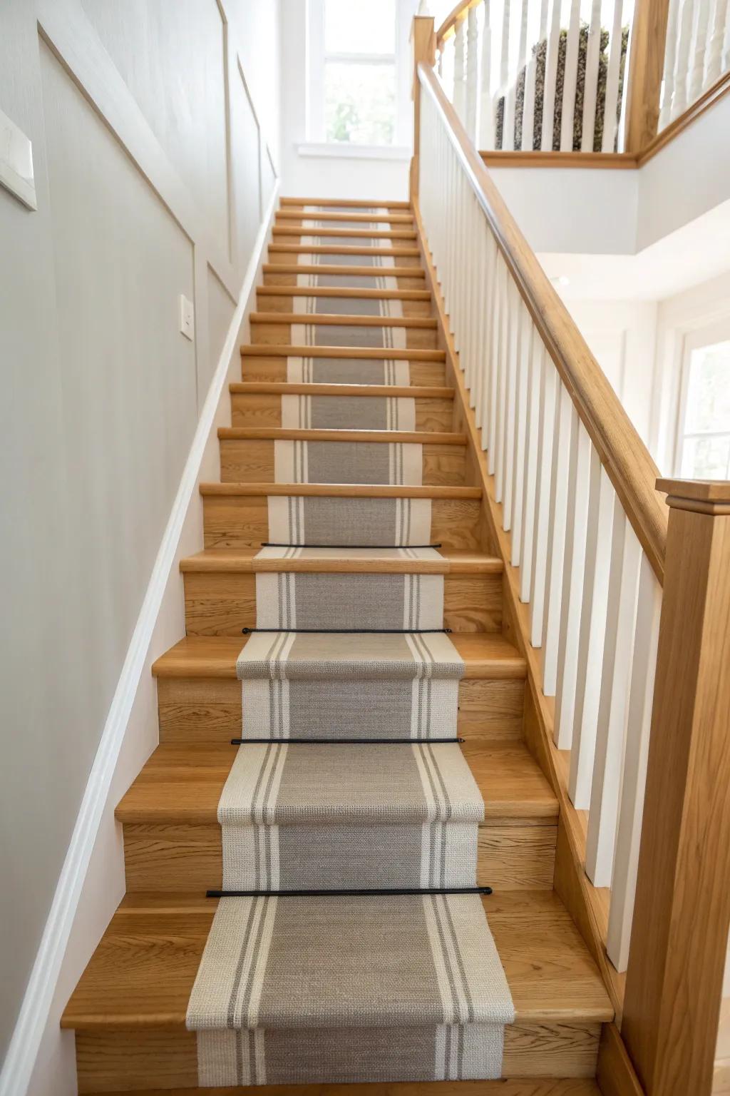 Paint a faux stair runner for an expensive look—crisp stripes, big style, tiny budget.