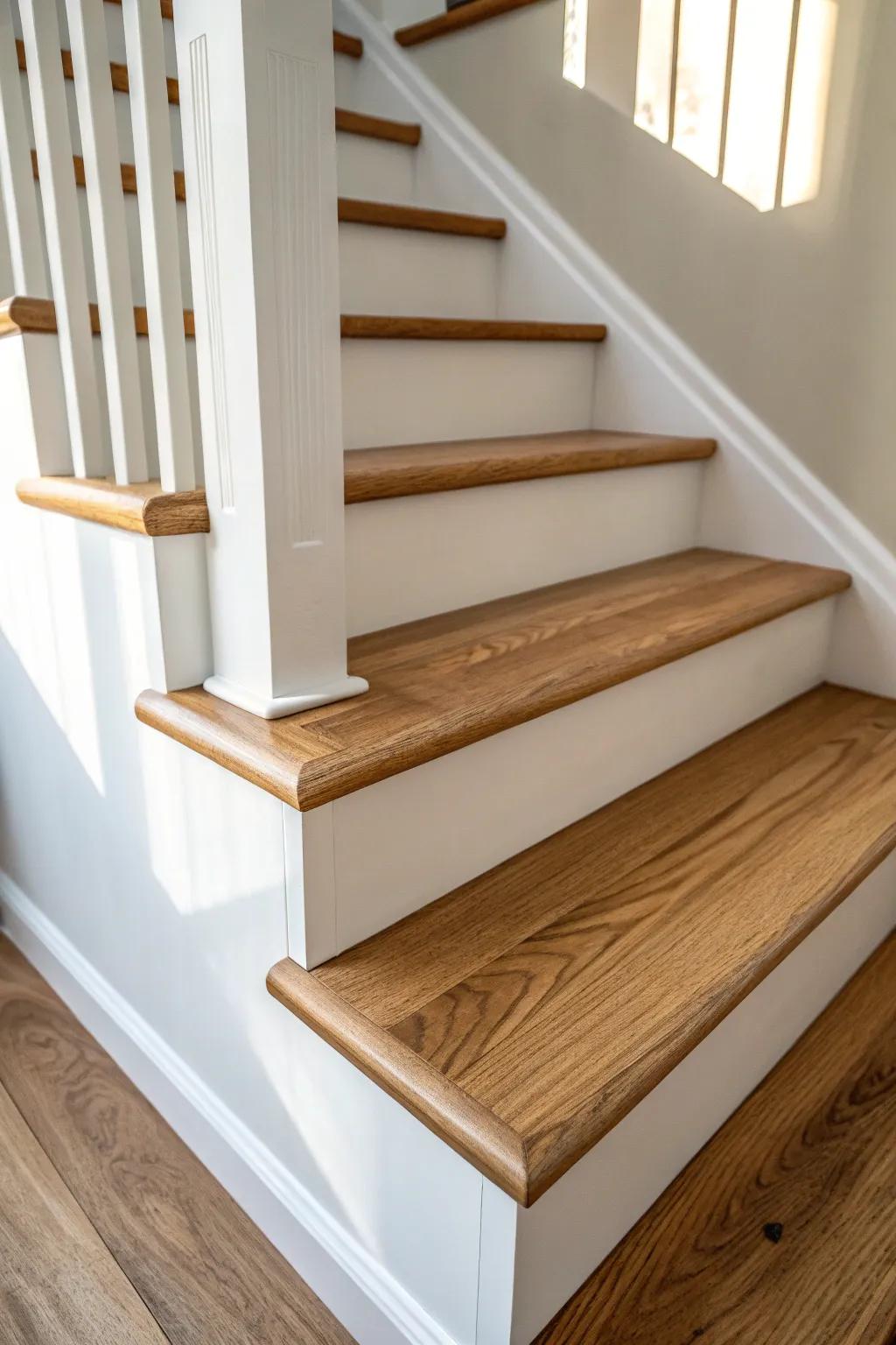 Warm oak tread cap + crisp white riser—retread style for a clean, budget-friendly stair refresh.
