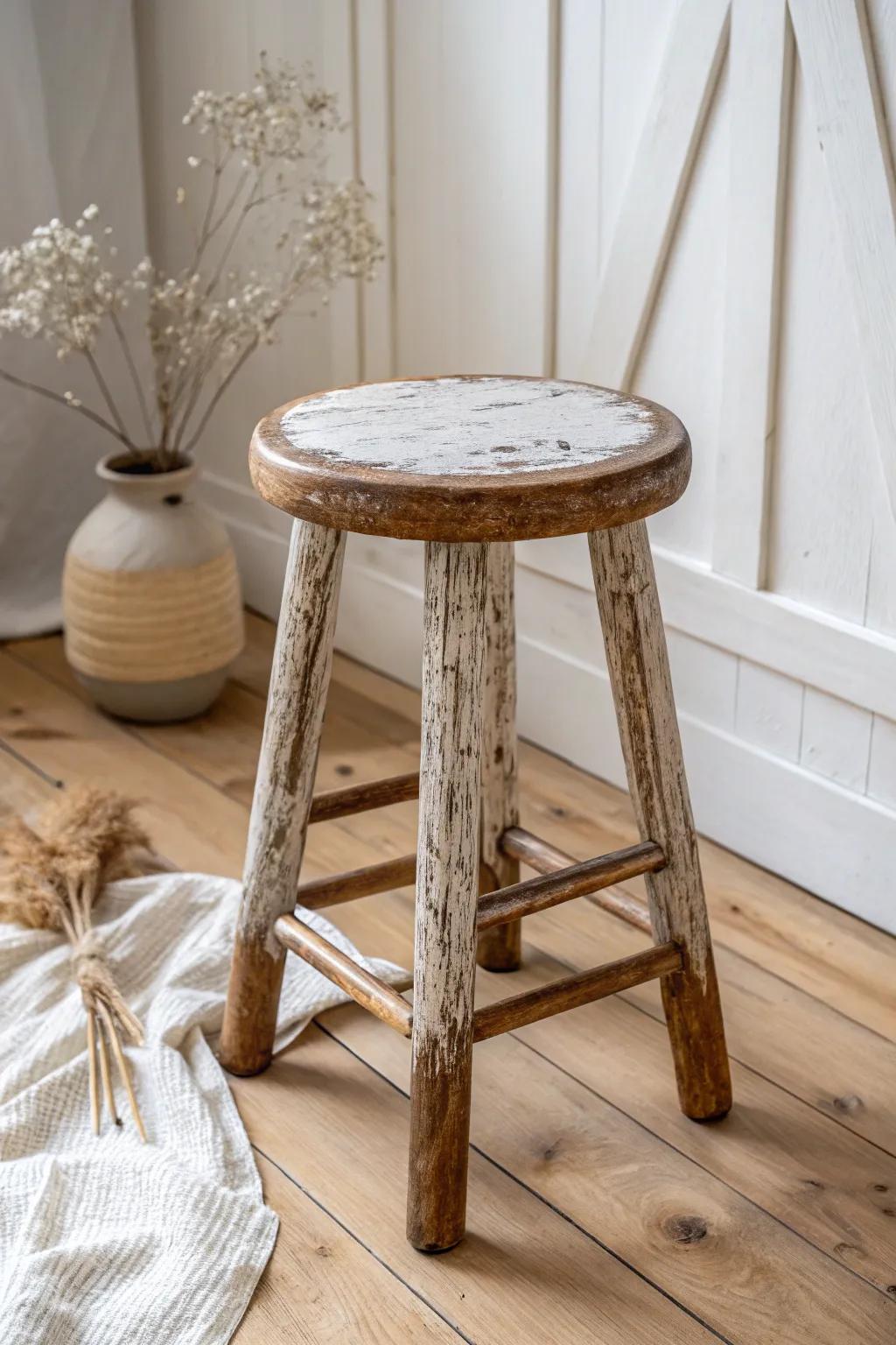 Distressed vintage stool charm—layered paint, sanded edges, and cozy patina in a clean Nordic look.