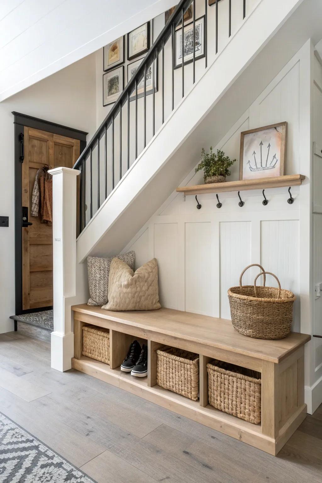 Under-stair bench with hooks and shoe cubbies—cozy reclaimed wood meets minimal Scandinavian style.