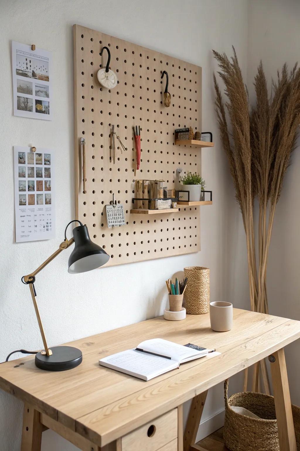 A calm pegboard wall keeps your study desk clear—hooks, cups, and mini shelves in harmony.
