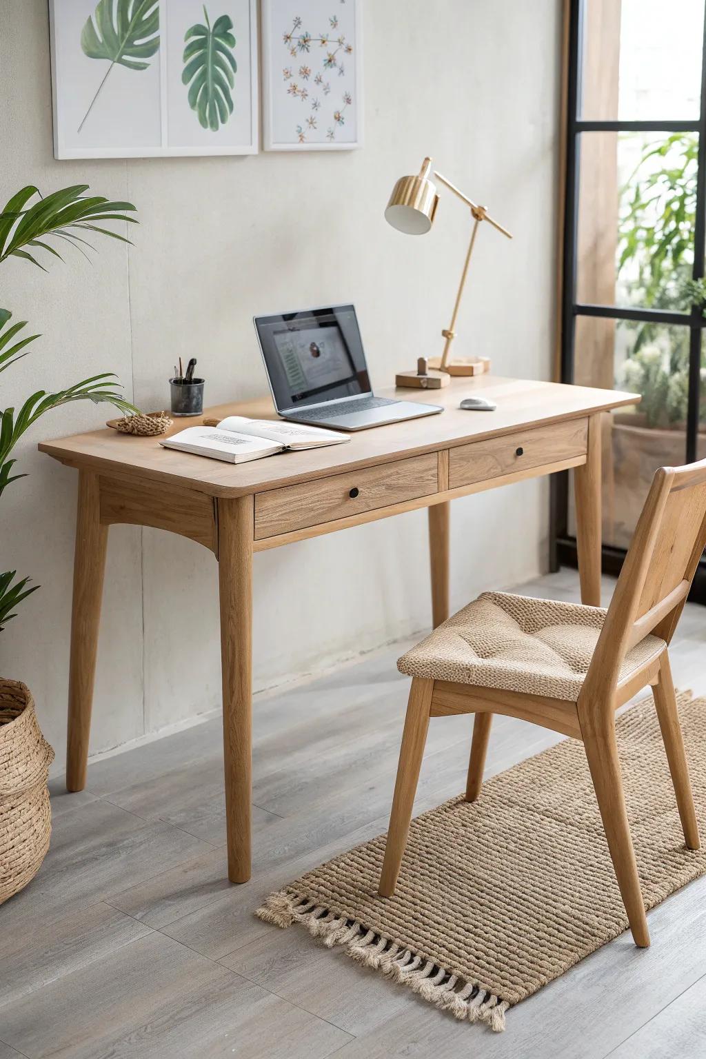 A calm, clutter-free study table with hidden cable storage—clean lines, warm oak, zero tangles.