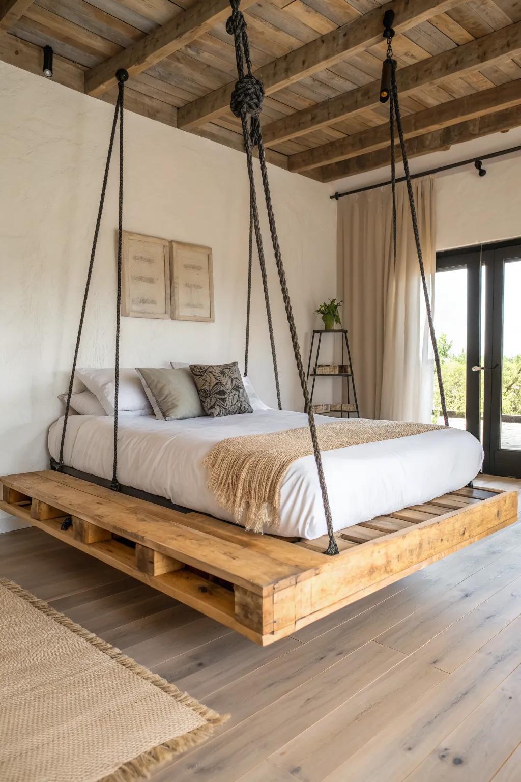 Pallet-wood suspended bed with warm finish—rustic grain, airy ropes, Scandinavian calm.
