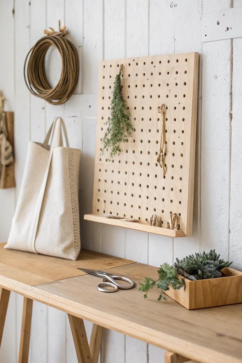 A framed tabletop pegboard wall—minimal, airy, and perfect for freeing up table space.
