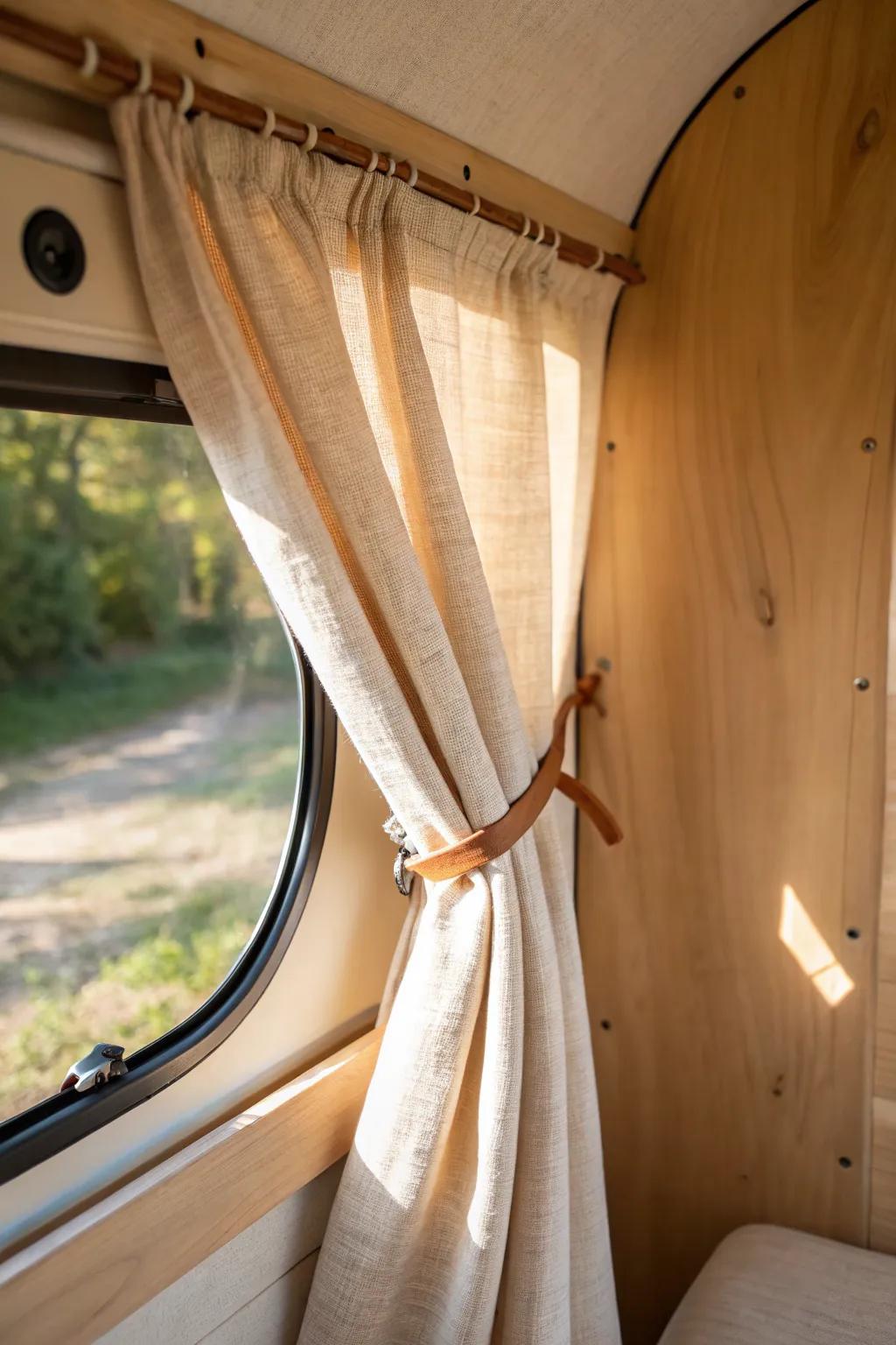 Warm linen curtain softens a tiny teardrop camper window—cozy texture, clean Scandinavian calm.