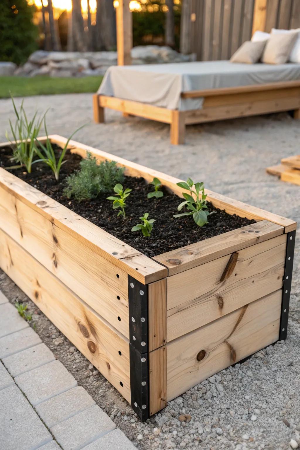 A simple cedar raised garden bed—clean lines, sturdy braces, and ready for seasons of growth.