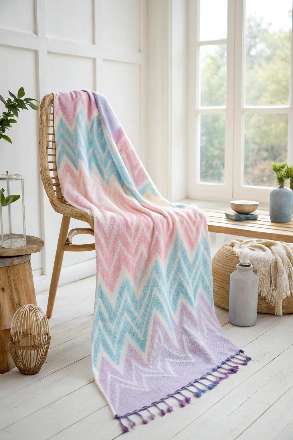 Elevate your space with the timeless elegance of chevron tie-dye patterns. Perfect for those who love a touch of structure in their boho-minimalist decor.