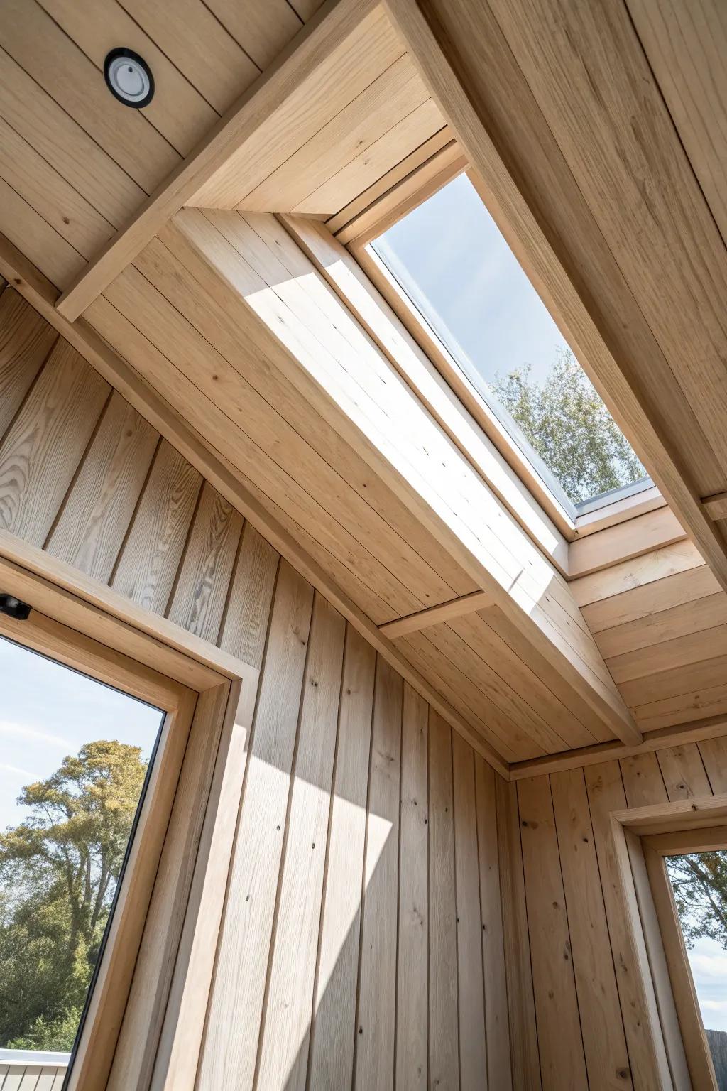 Board-and-batten ceiling strips add handcrafted rhythm and cozy texture to tiny house spaces.
