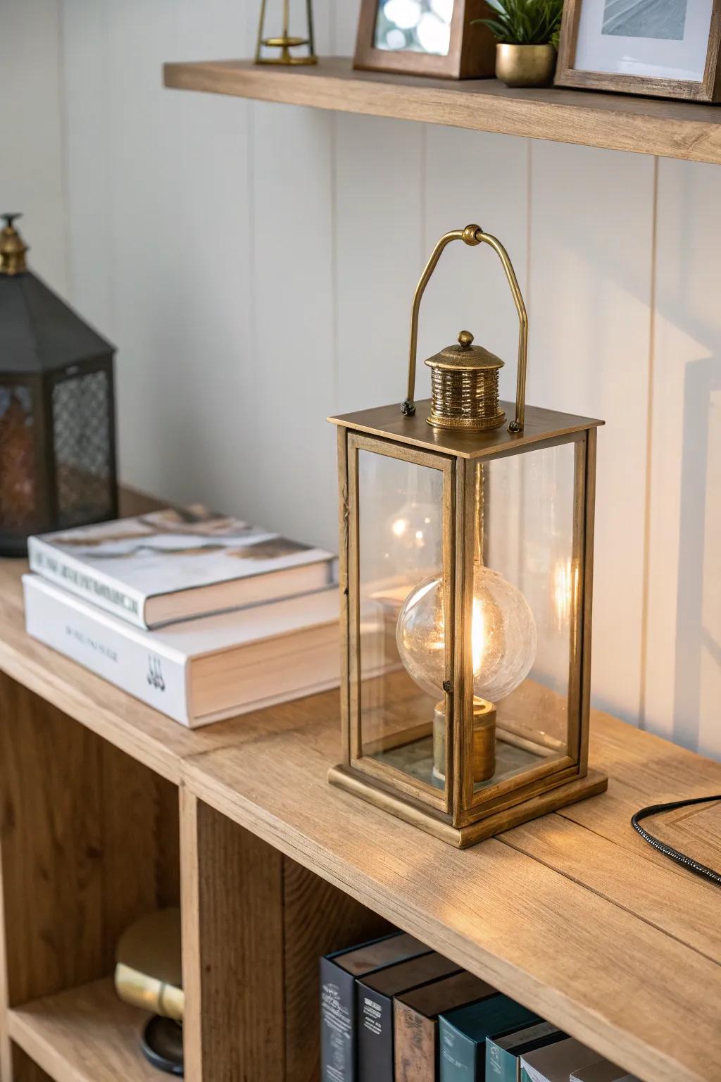A lantern glow on top of the bookshelf adds cozy evening light and a curated finish.