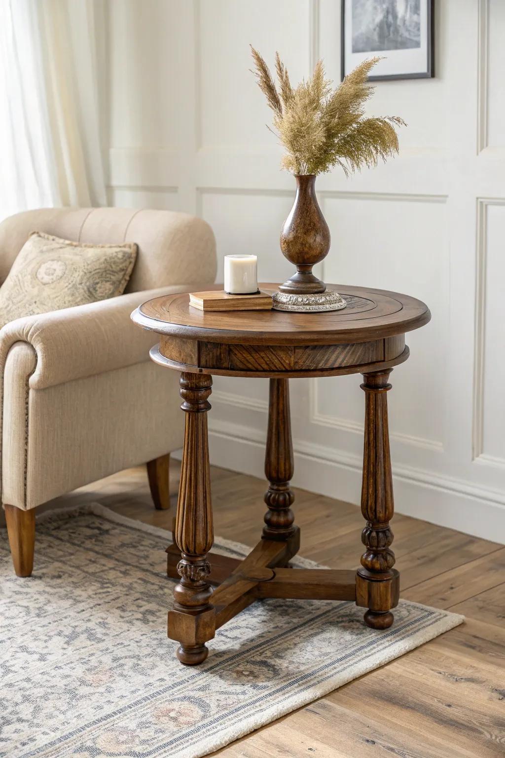 A deep-stained turned-leg side table adds timeless comfort with handcrafted charm.