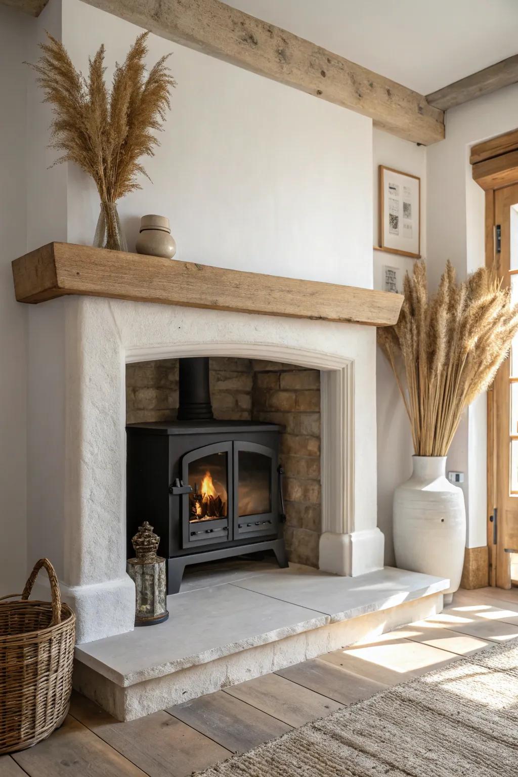 Raised hearth and oak mantel, balanced with a woven wood basket and simple iron andirons.